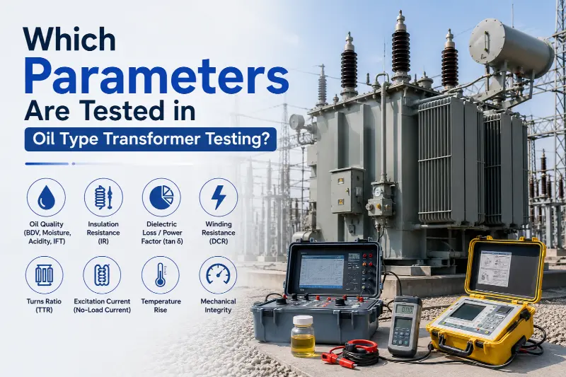 Quels paramètres sont testés lors des tests de transformateurs à huile ?
